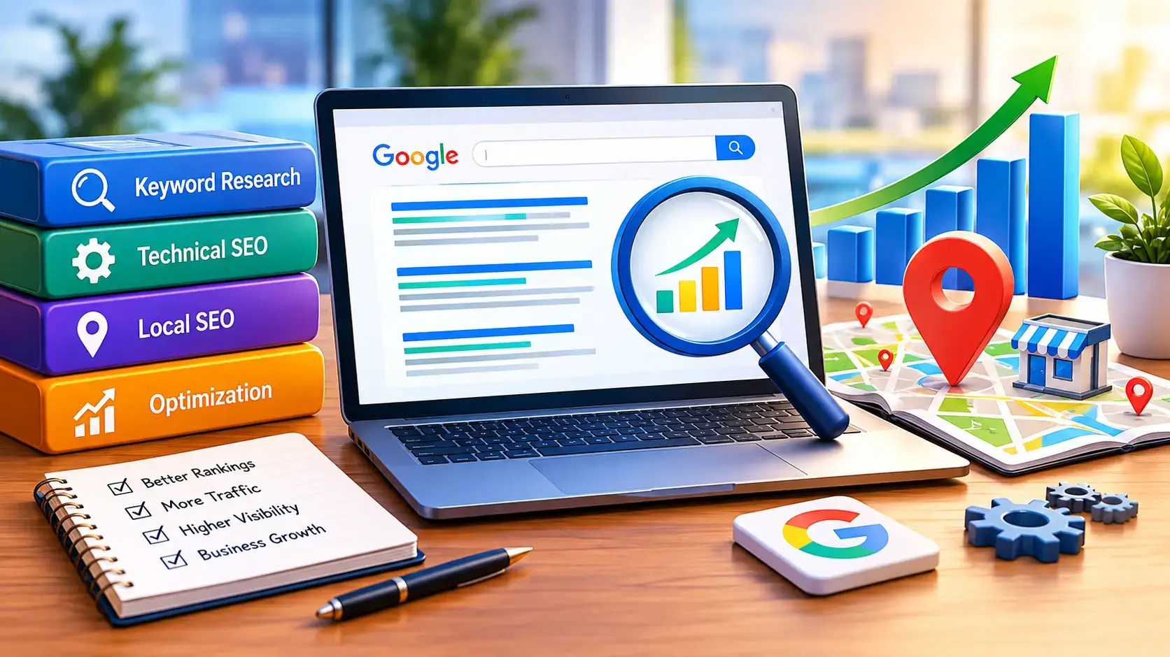 SEO strategy showing keyword research, technical SEO, local SEO and optimization