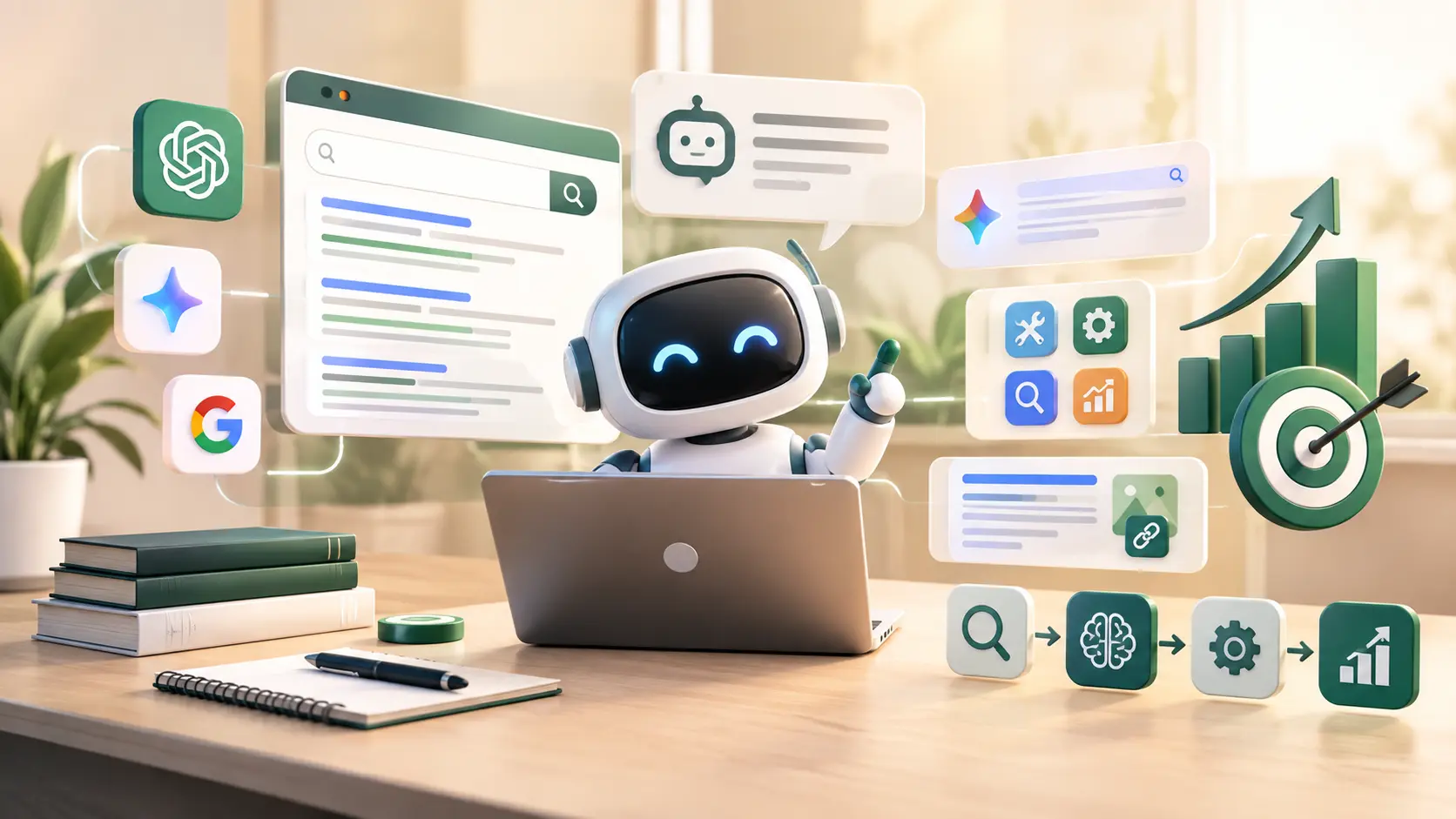 3D illustration of AI SEO with a robot, search interfaces, analytics charts, optimization tools, and digital marketing elements.